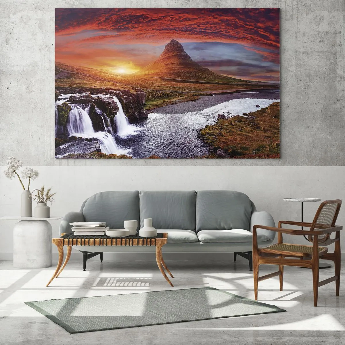 Obraz na skle - Horská krajina s vodopádem a západem slunce - 70x50cm - Pohled na Středozem - Moderní nástěnná dekorace do obývacího pokoje a ložnice ARTTOR