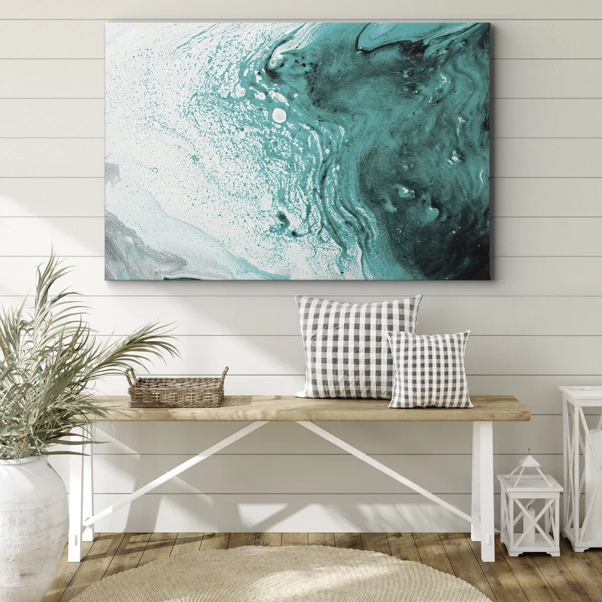 Obraz na plátně - Abstraktní kompozice v tyrkysových odstínech na bílém pozadí - 70x50cm - Propadnout v bílé a tyrkysové - Moderní nástěnná dekorace do obývacího pokoje a ložnice ARTTOR
