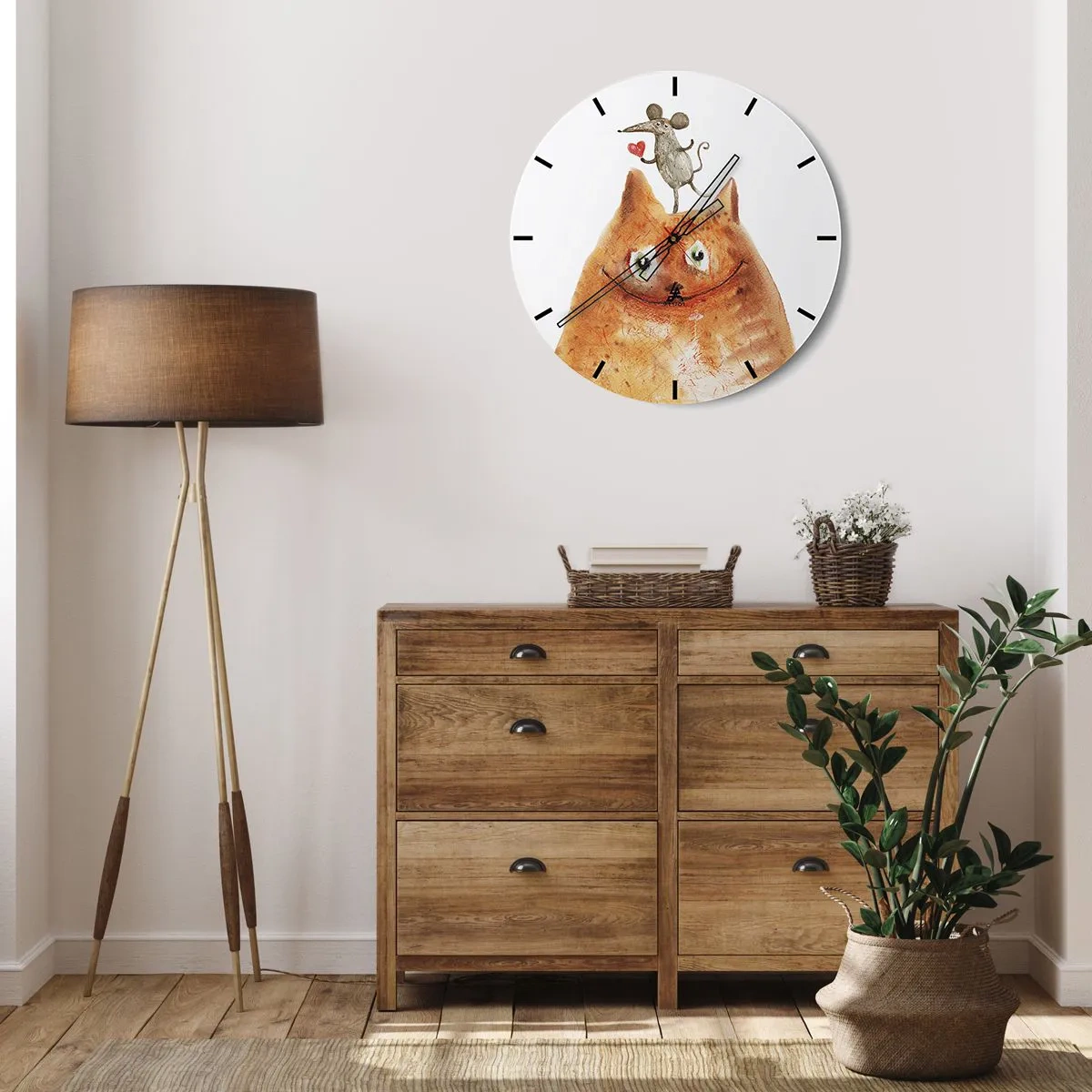 Nástěnné hodiny - Ilustrace kočky a myši se srdcem v humorném stylu - 30x30cm - Paradoxy lásky - Moderní nástěnná dekorace do obývacího pokoje, kuchyně a ložnice ARTTOR