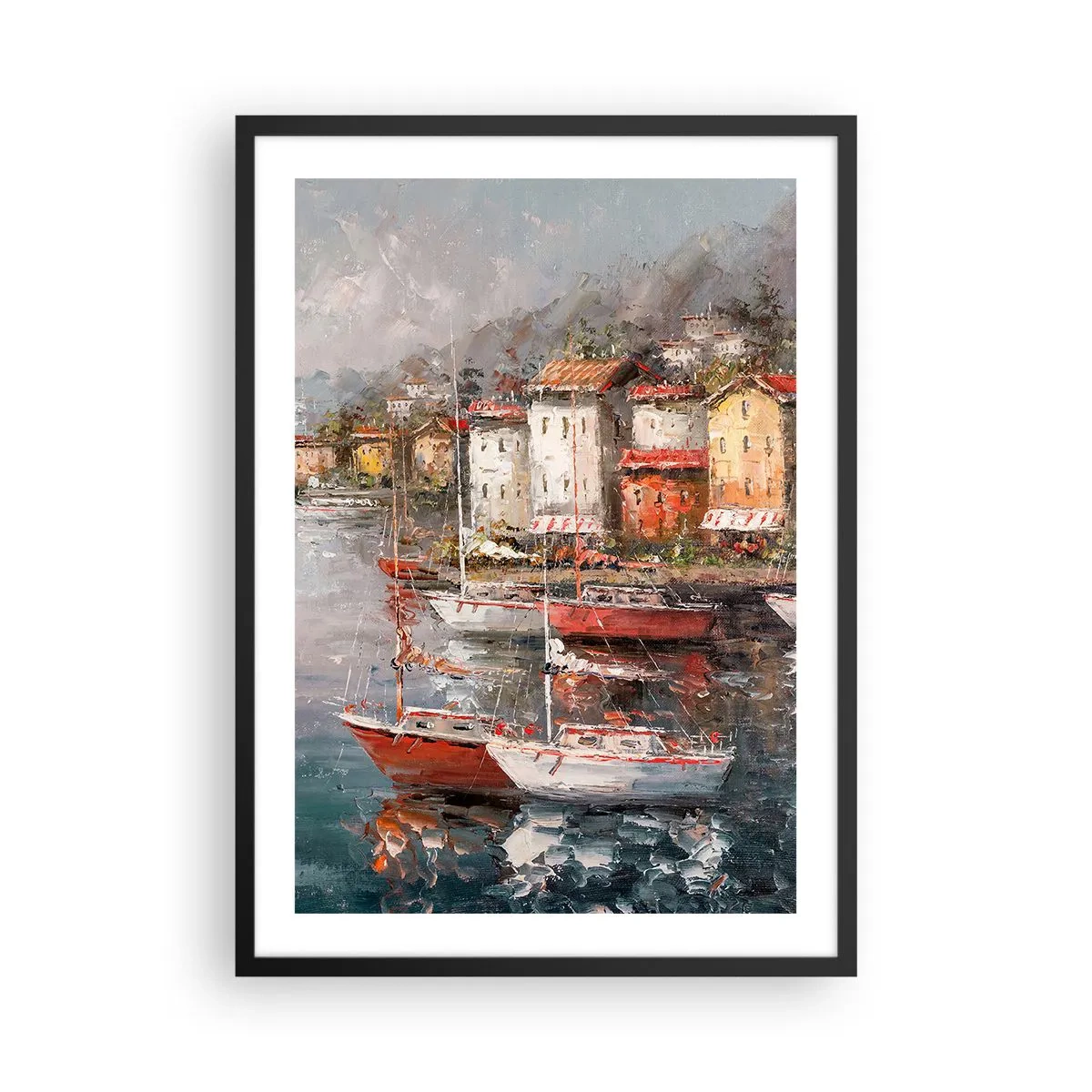 Plakát v černém rámu - Malebný přístav s plachetnicemi v impresionistickém stylu - 50x70cm - Romantický přístav - Moderní nástěnná dekorace do obývacího pokoje a ložnice ARTTOR