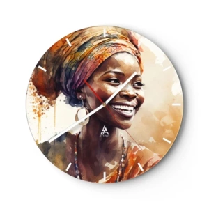 Nástěnné hodiny - Usmívající se žena v turbanu na pozadí akvarelových skvrn. - 30x30cm - Africká královna - Moderní nástěnná dekorace do obývacího pokoje, kuchyně a ložnice ARTTOR