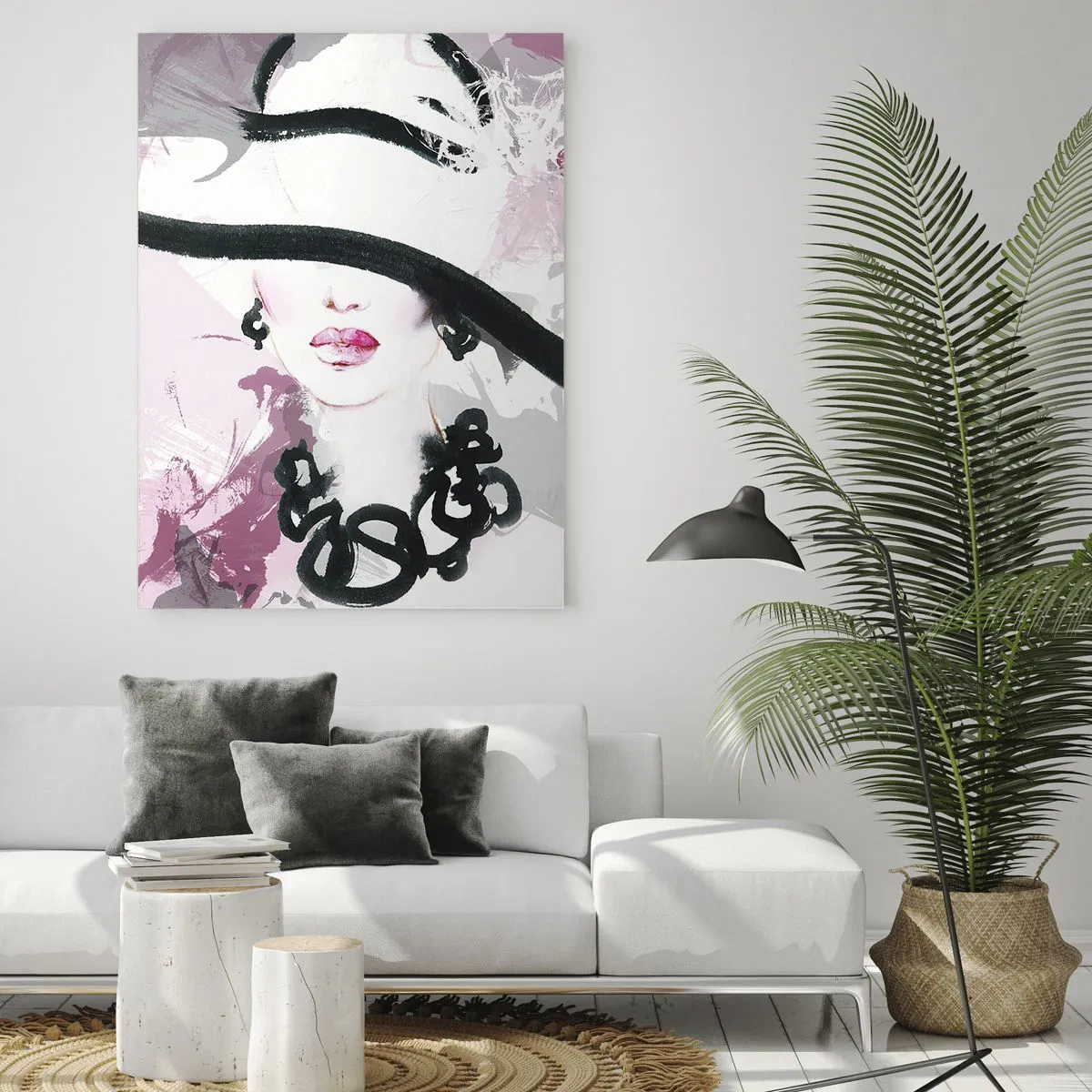 Obraz na skle - Portrét dámy v černé a růžové - 50x70 cm