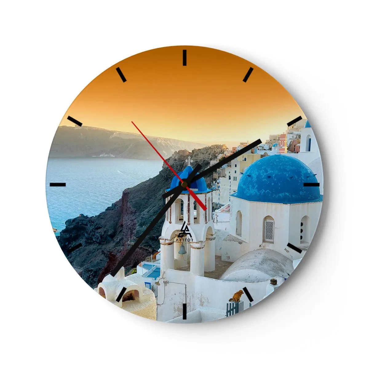 Nástěnné hodiny - Santorini s výhledem na moře při západu slunce - 30x30cm - Santorini - přitulené ke skalám - Moderní nástěnná dekorace do obývacího pokoje, kuchyně a ložnice ARTTOR