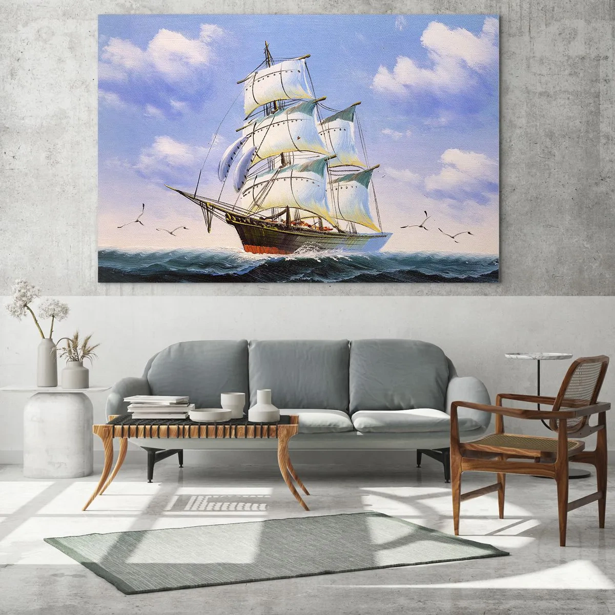 Obraz na skle - Plachetnice na volném moři pod modrou oblohou - 70x50cm - Hrdě s větrem - Moderní nástěnná dekorace do obývacího pokoje a ložnice ARTTOR
