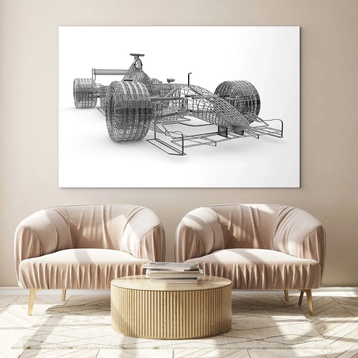 Obraz na skle - Technický výkres závodního vozu ve 3D stylu - 70x50cm - Ideální konstrukce - ideje rychlosti - Moderní nástěnná dekorace do obývacího pokoje a ložnice ARTTOR