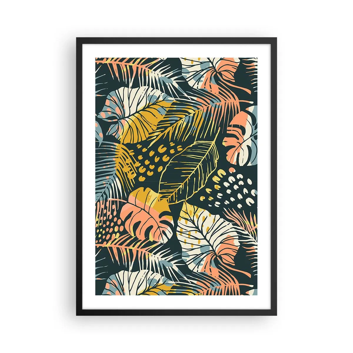 Plakát v černém rámu - Barevný tropický listový vzor v odstínech zelené, žluté a růžové. - 50x70cm - Listová fantazie - Moderní nástěnná dekorace do obývacího pokoje a ložnice ARTTOR