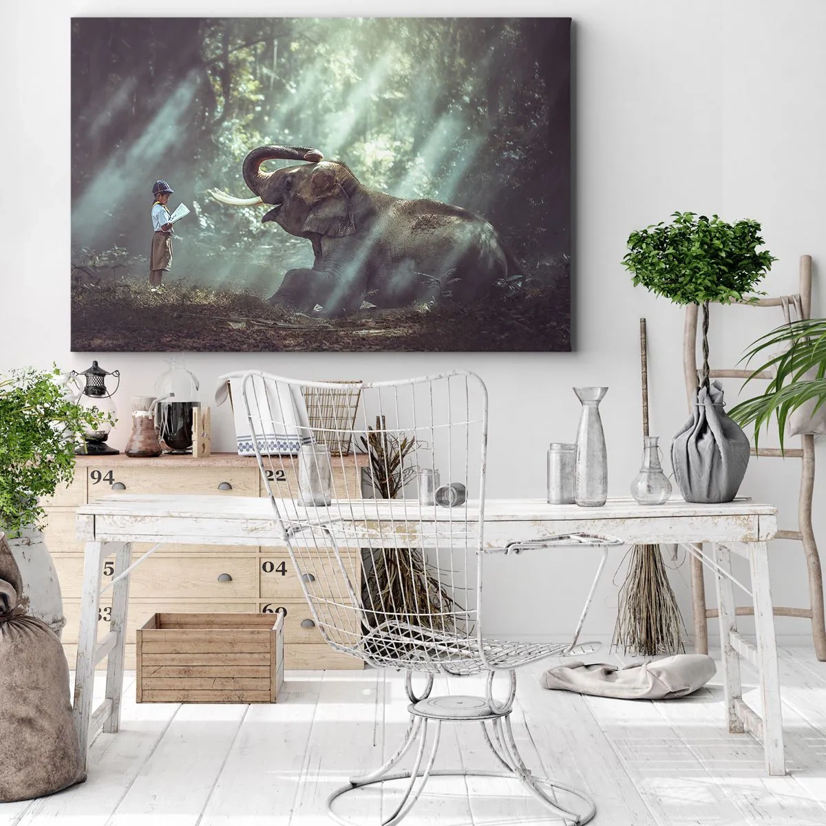 Obraz na plátně - Chlapec a slon v lesním prostředí osvětleném slunečním světlem - 70x50cm - A poslouchej tohle… - Moderní nástěnná dekorace do obývacího pokoje a ložnice ARTTOR