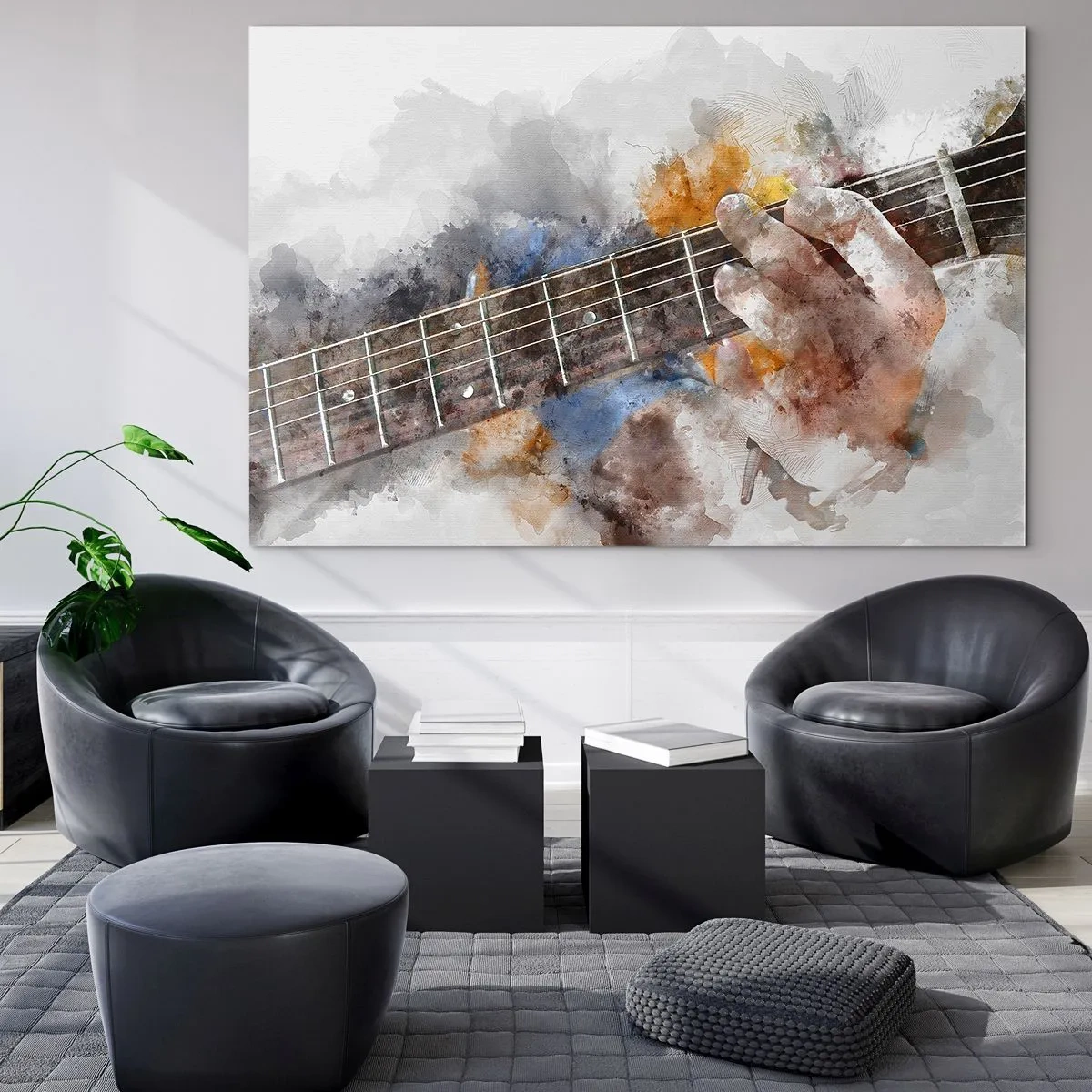 Obraz na skle - Akvarelový motiv ruky hrající na kytaru - 70x50cm - Poezie mezi strunami - Moderní nástěnná dekorace do obývacího pokoje a ložnice ARTTOR