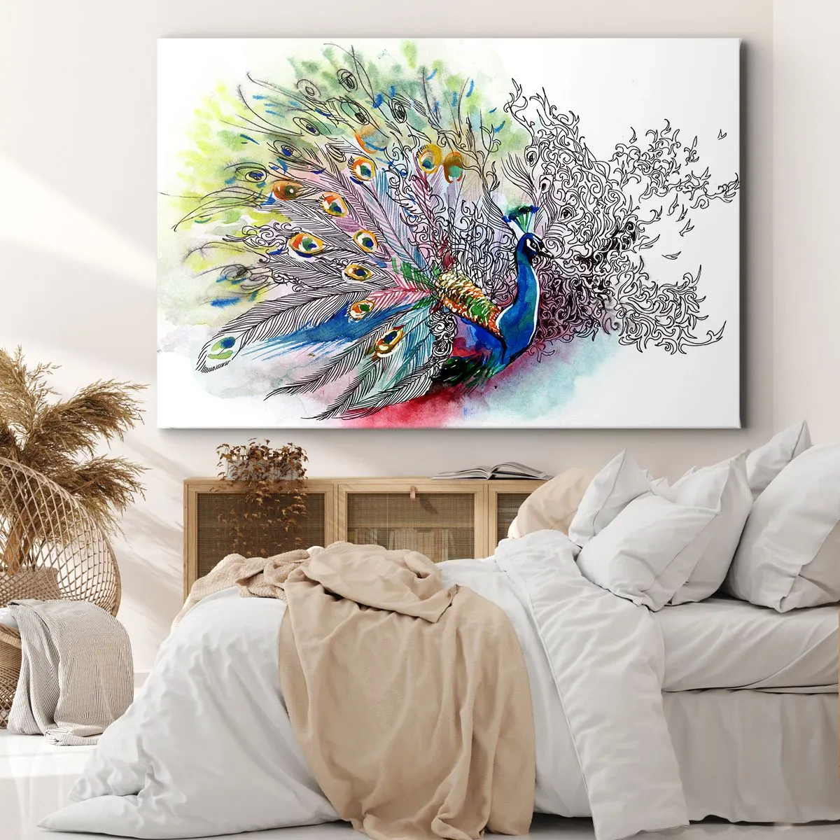 Obraz na plátně - Páv v barevném akvarelovém stylu s abstraktním peřím - 70x50cm - S pýchou proti šedi  - Moderní nástěnná dekorace do obývacího pokoje a ložnice ARTTOR