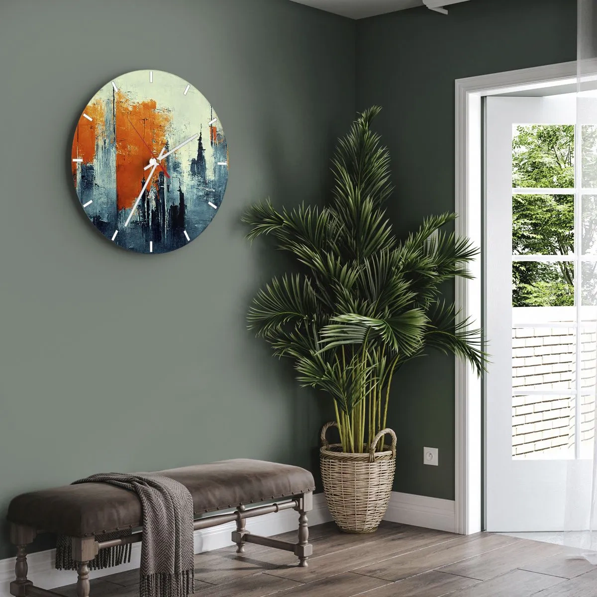Nástěnné hodiny - Abstraktní panorama města v odstínech oranžové a tmavě modré - 30x30cm - Moderní krajina - Moderní nástěnná dekorace do obývacího pokoje, kuchyně a ložnice ARTTOR
