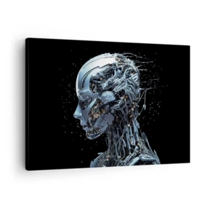 Obraz na plátně - Futuristický portrét kyborga v industriálním stylu na černém pozadí. - 70x50cm - Technologie je žena - Moderní nástěnná dekorace do obývacího pokoje a ložnice ARTTOR