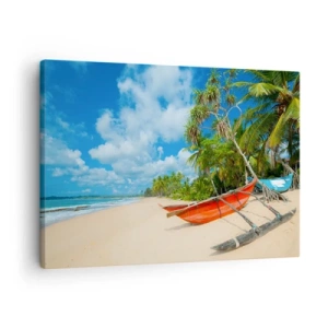 Obraz na plátně - Tropická pláž s palmami a barevnými loděmi - 70x50cm - Kouzlo tropů - Moderní nástěnná dekorace do obývacího pokoje a ložnice ARTTOR