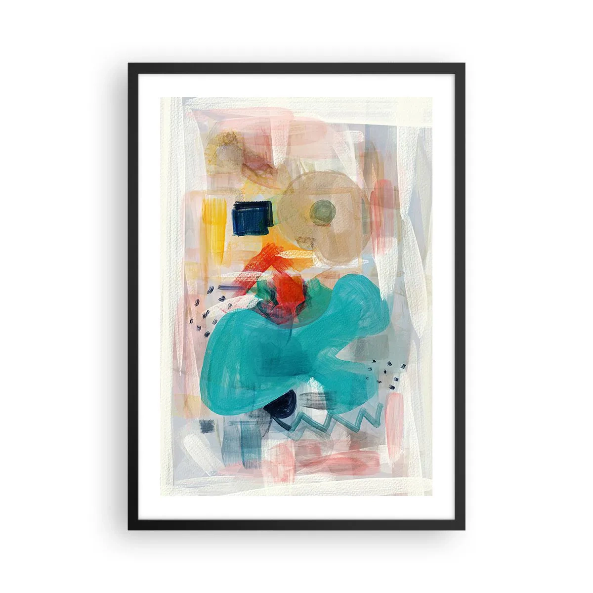 Plakát v černém rámu - Barevná abstrakce s dynamickými tvary - 50x70cm - Barevná hra - Moderní nástěnná dekorace do obývacího pokoje a ložnice ARTTOR