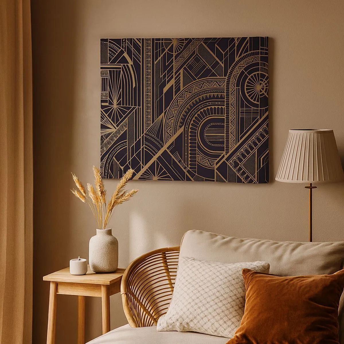 Obraz na plátně - Zlaté geometrické vzory na černém pozadí ve stylu Art Deco - 70x50cm - Koncepty, nápady, plány - Moderní nástěnná dekorace do obývacího pokoje a ložnice ARTTOR