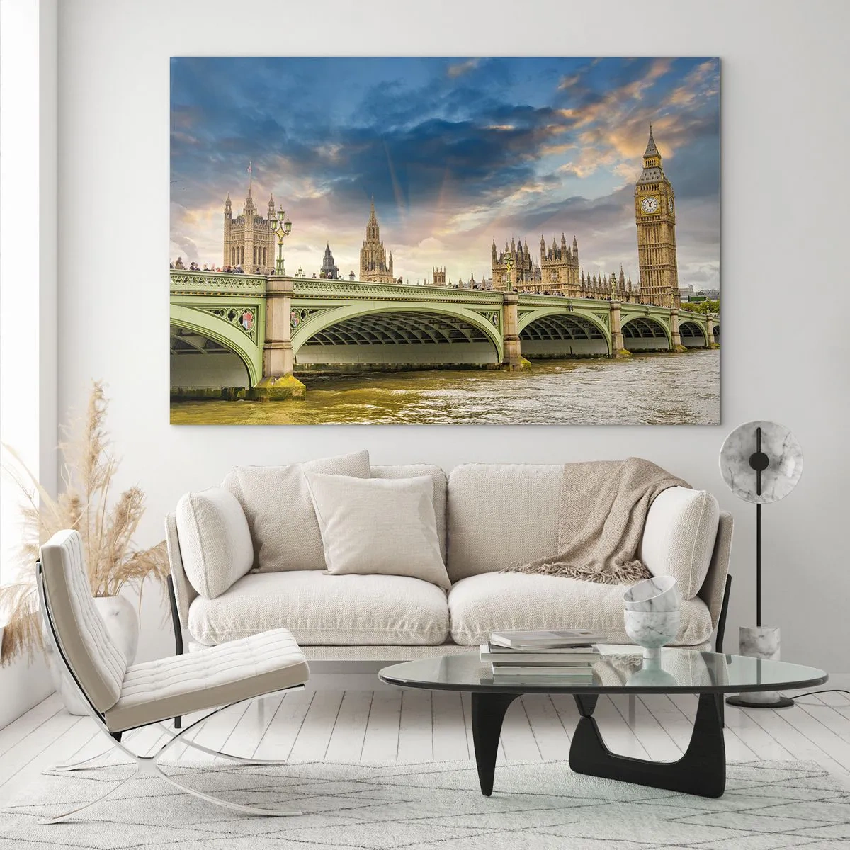 Obraz na skle - Big Ben a Westminsterský most při západu slunce - 70x50cm - Čas se zastavil v Impériu - Moderní nástěnná dekorace do obývacího pokoje a ložnice ARTTOR