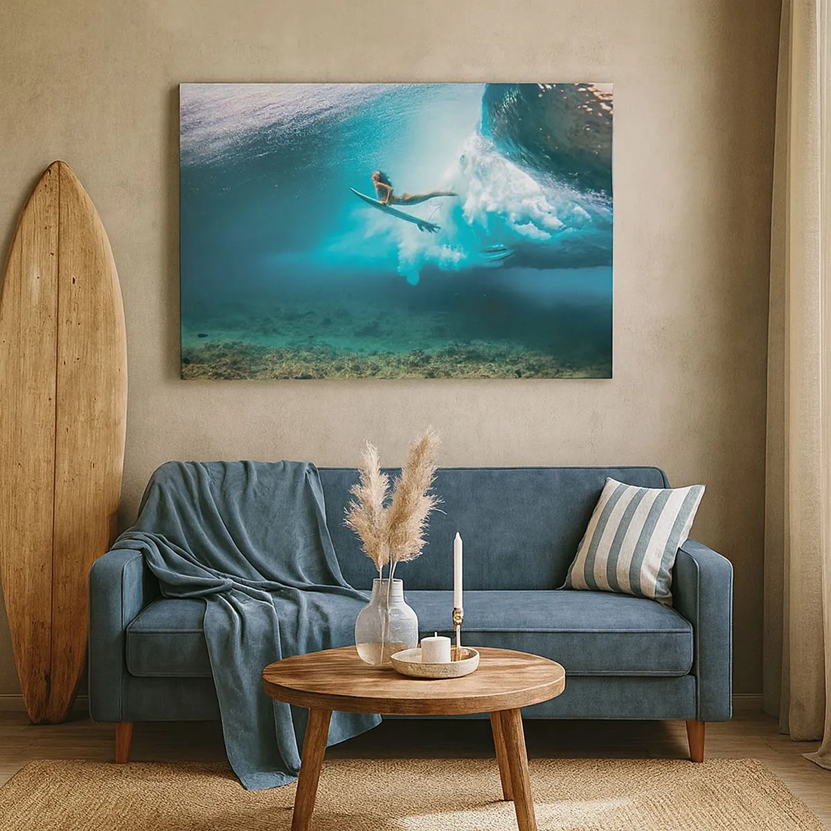Obraz na plátně - Surfař pod vlnou v modré oceánské vodě - 70x50cm - Podmořský svět - Moderní nástěnná dekorace do obývacího pokoje a ložnice ARTTOR