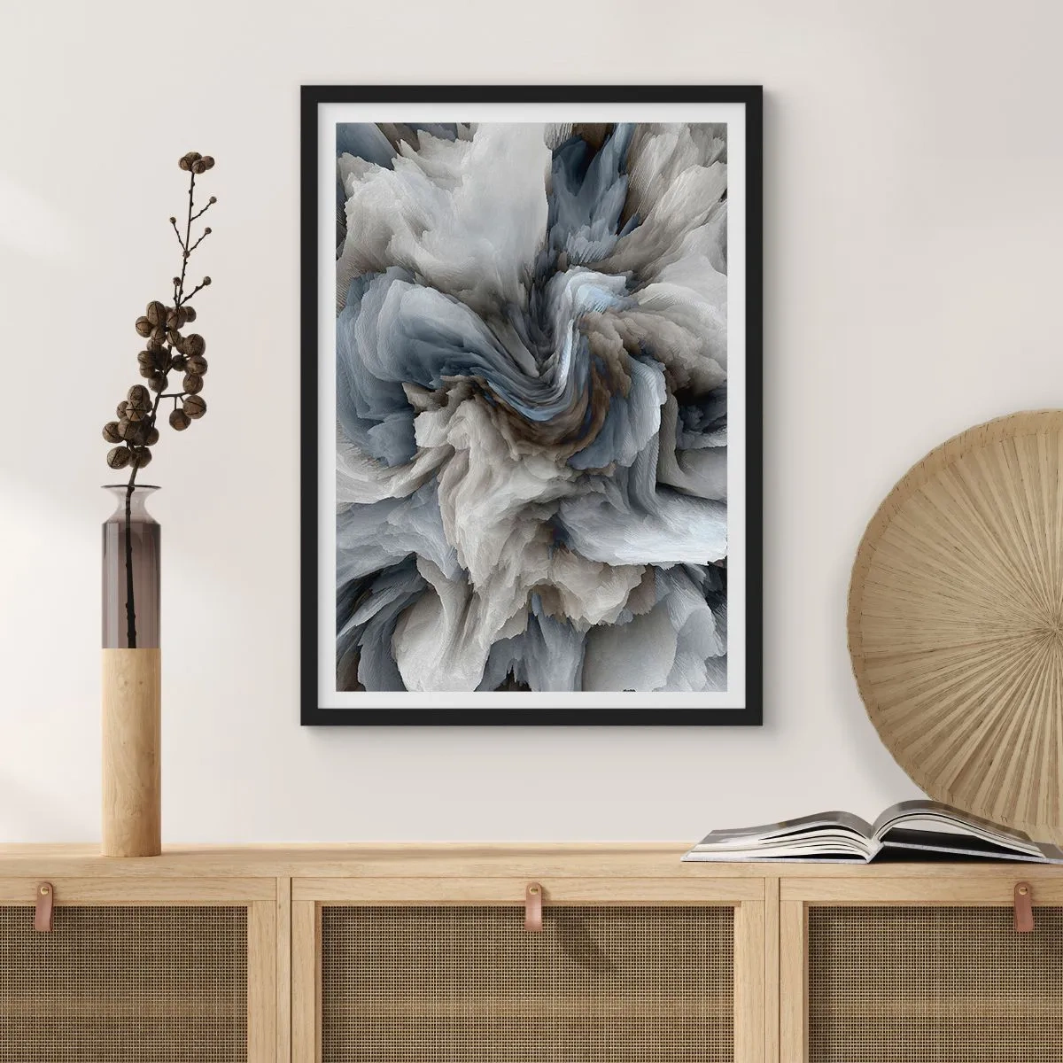 Plakát v černém rámu - Abstraktní exploze barev v odstínech šedé a modré. - 50x70cm - Kámen a květ - Moderní nástěnná dekorace do obývacího pokoje a ložnice ARTTOR