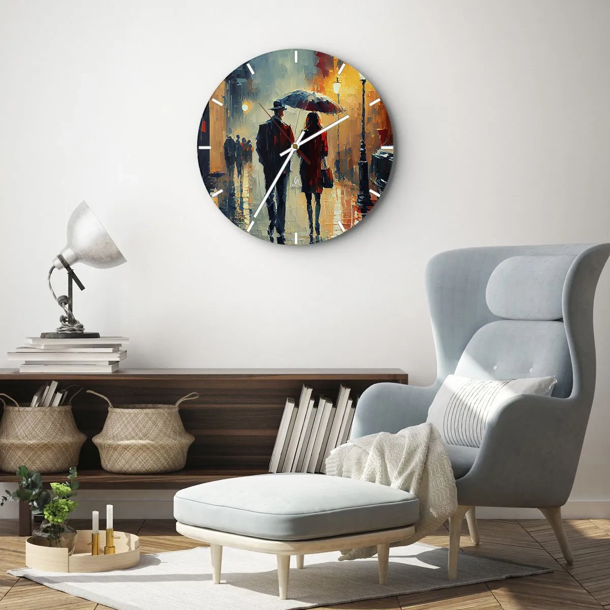 Nástěnné hodiny - Pár pod deštníkem v městském prostředí namalovaný špachtlí - 30x30cm - Městská love story - Moderní nástěnná dekorace do obývacího pokoje, kuchyně a ložnice ARTTOR