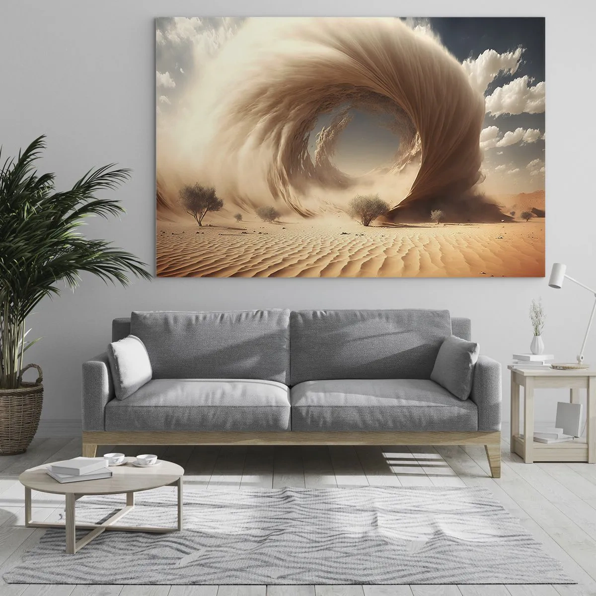 Obraz na skle - Pouštní písečný vír vytváří portál z nebe a dun. - 70x50cm - Otevřený portál - Moderní nástěnná dekorace do obývacího pokoje a ložnice ARTTOR