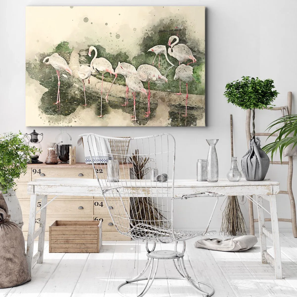 Obraz na plátně - Plameňáci v jejich přirozeném prostředí ve stylu akvarelu - 70x50cm - Exotický sen - Moderní nástěnná dekorace do obývacího pokoje a ložnice ARTTOR
