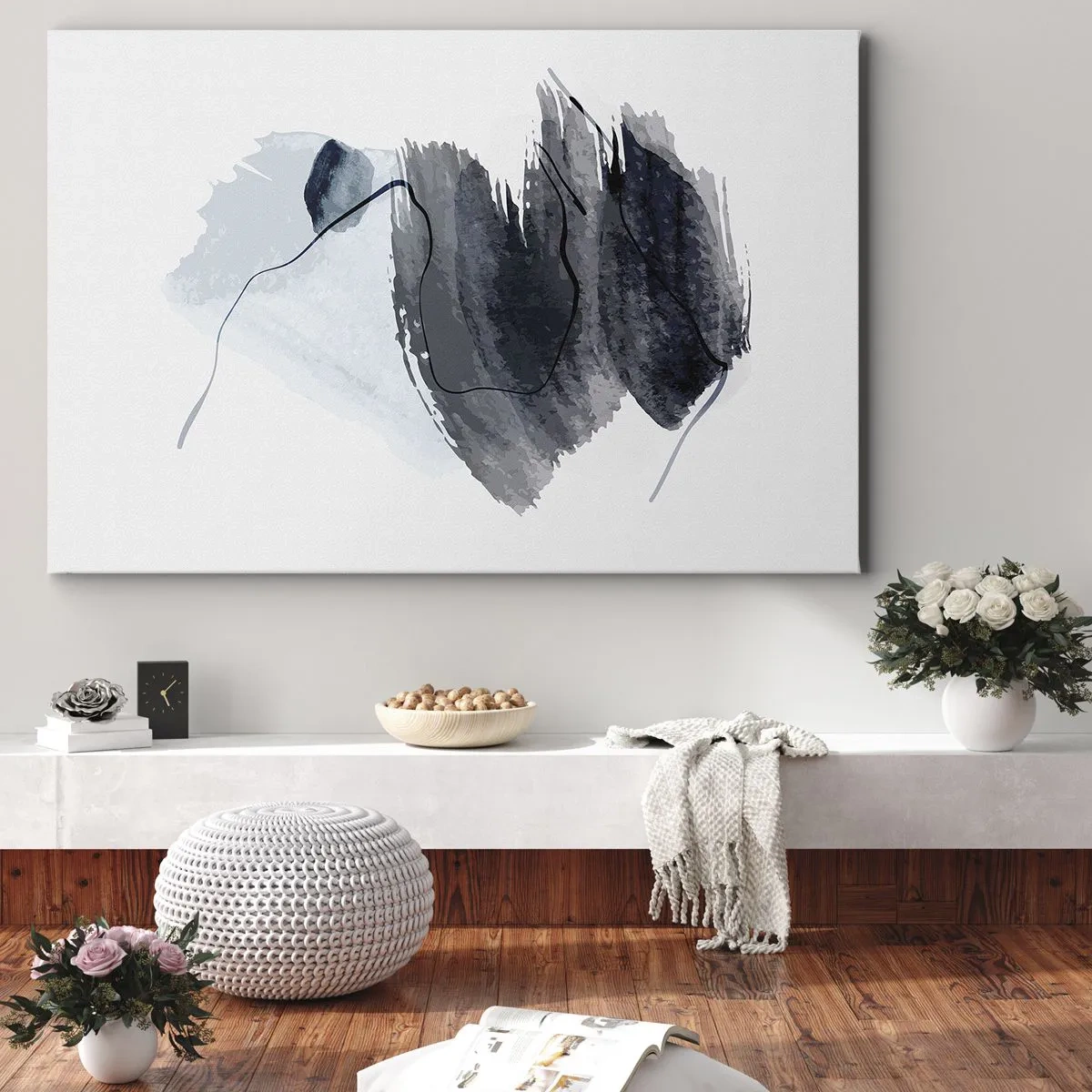 Obraz na plátně - Abstraktní kompozice v odstínech šedé a modré - 70x50cm - Intenzita a pohyb - Moderní nástěnná dekorace do obývacího pokoje a ložnice ARTTOR