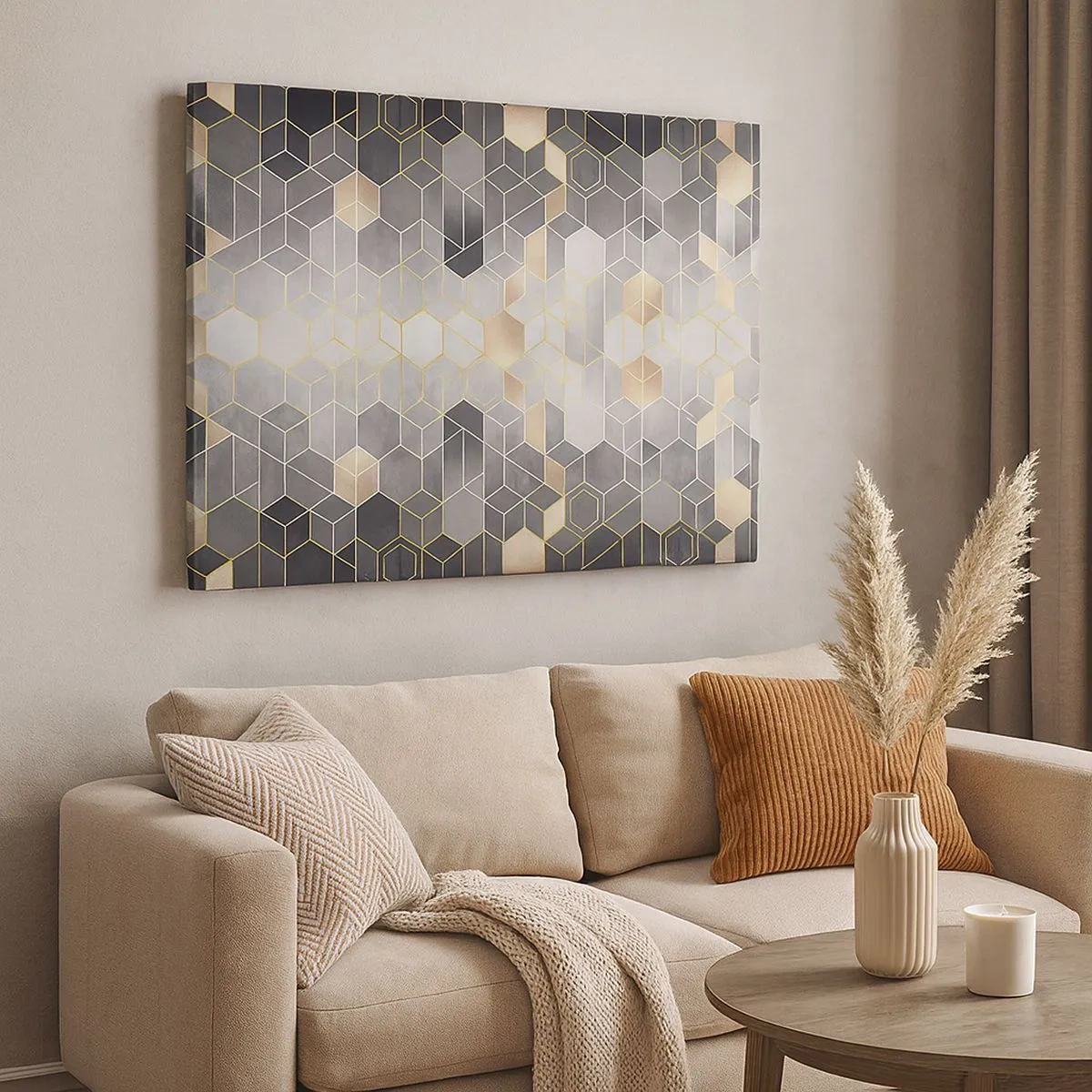 Obraz na plátně - Geometrický vzor ve zlatých odstínech - 70x50cm - Diamantová kompozice - Moderní nástěnná dekorace do obývacího pokoje a ložnice ARTTOR