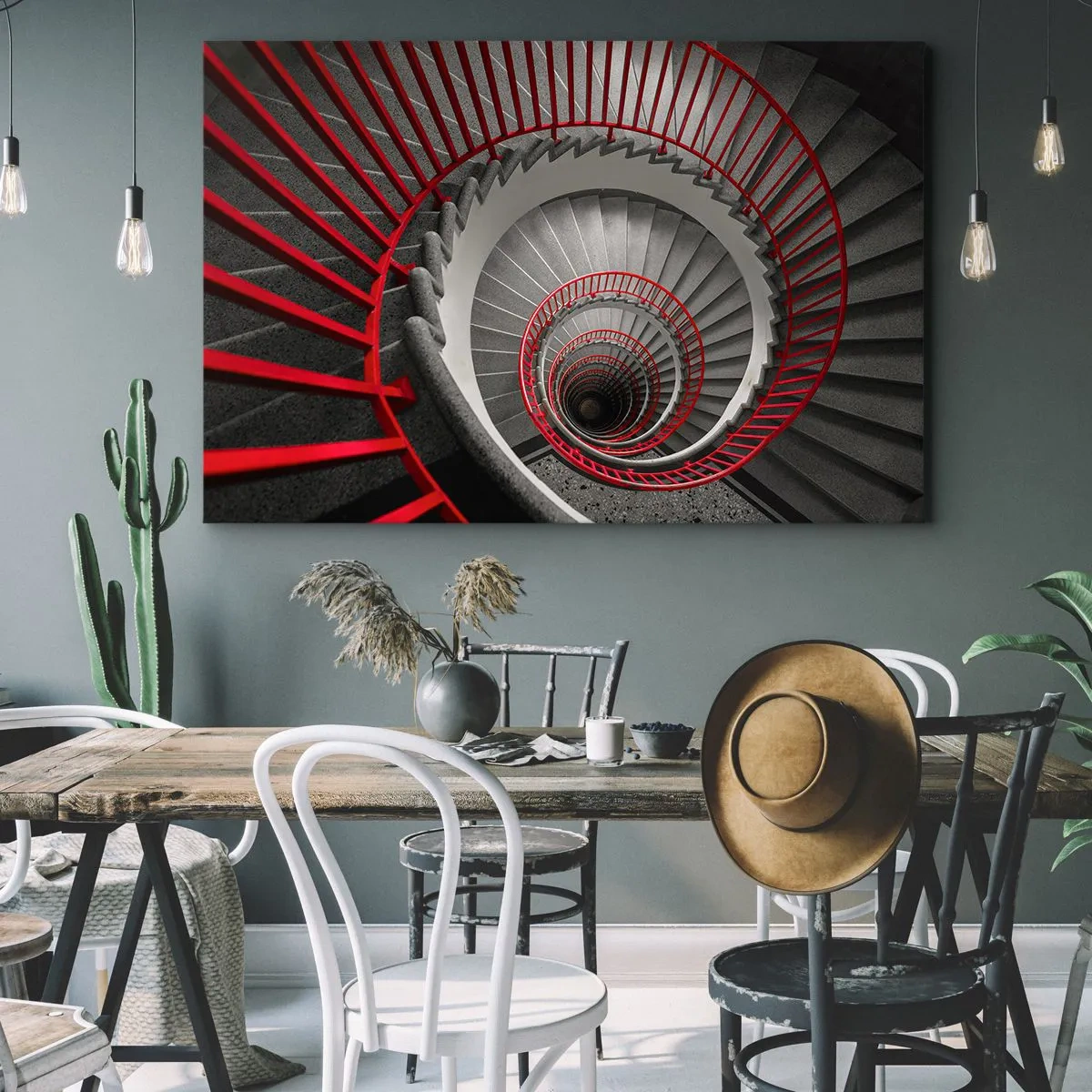 Obraz na plátně - Točité schodiště s červeným zábradlím v dynamické perspektivě - 70x50cm - Architektonické hry - Moderní nástěnná dekorace do obývacího pokoje a ložnice ARTTOR