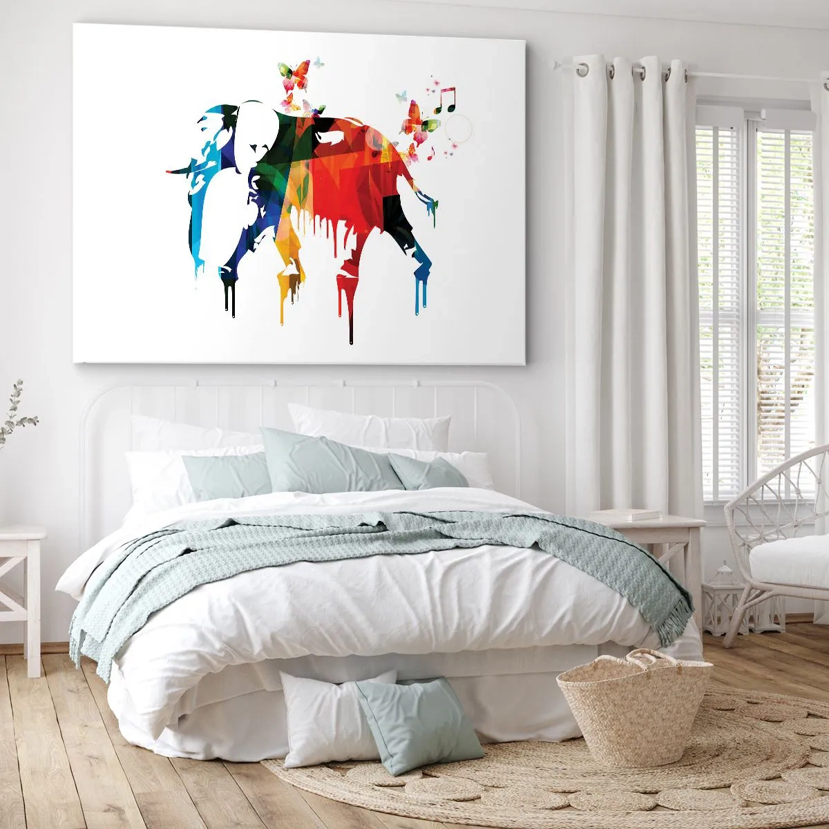 Obraz na plátně - Barevný slon s motýly v moderním geometrickém stylu - 70x50cm - Tančit může každý - Moderní nástěnná dekorace do obývacího pokoje a ložnice ARTTOR