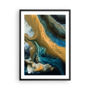 Plakát v černém rámu - Abstraktní kompozice v odstínech zlaté a modré. - 50x70cm - Modrá – žlutá – vzájemné vlivy - Moderní nástěnná dekorace do obývacího pokoje a ložnice ARTTOR