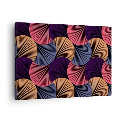 Obraz na plátně - Geometrické kruhy v odstínech růžové, fialové a zlaté - 70x50cm - V kruhovém rytmu - Moderní nástěnná dekorace do obývacího pokoje a ložnice ARTTOR