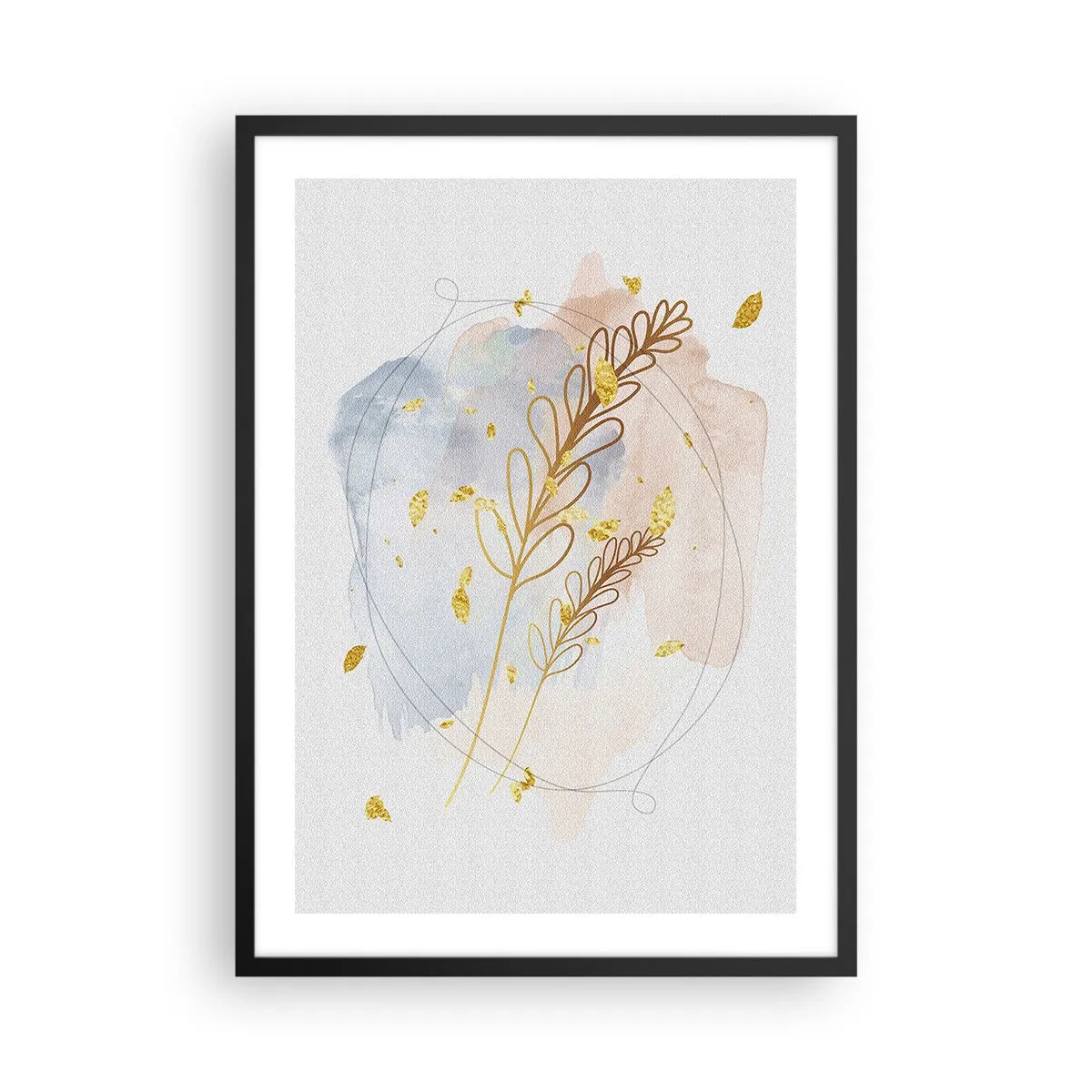 Plakát v černém rámu - Jemná botanická kompozice se zlatými detaily - 50x70cm - Zlatý závan - Moderní nástěnná dekorace do obývacího pokoje a ložnice ARTTOR