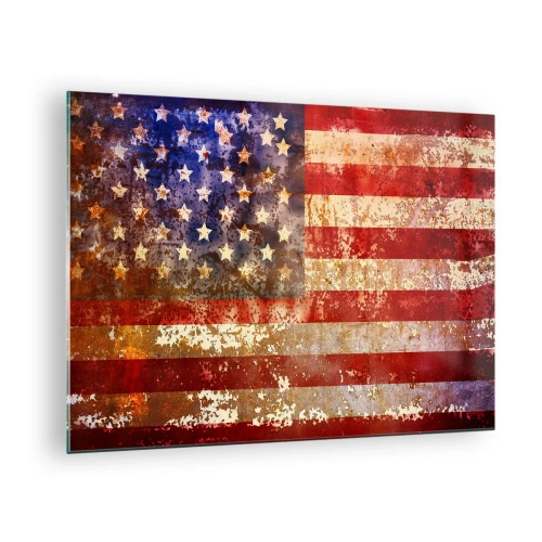 Obraz na skle - Rezavá americká vlajka - 70x50cm - Chvála nepomíjí - Moderní nástěnná dekorace do obývacího pokoje a ložnice ARTTOR