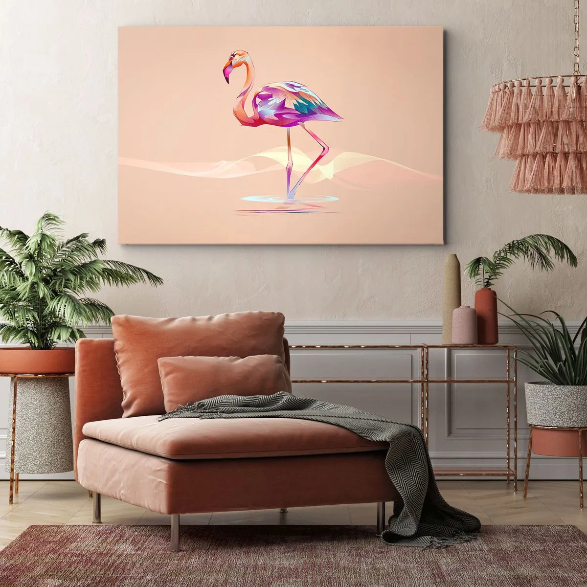 Obraz na plátně - Abstraktní plameňák ve světlých pastelových barvách. - 70x50cm - Pták dobrých emocí - Moderní nástěnná dekorace do obývacího pokoje a ložnice ARTTOR