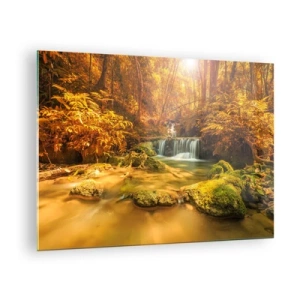 Obraz na skle - Lesní kaskáda ve zlatě - 70x50cm - Lesní vodopád ve zlaté - Moderní nástěnná dekorace do obývacího pokoje a ložnice ARTTOR