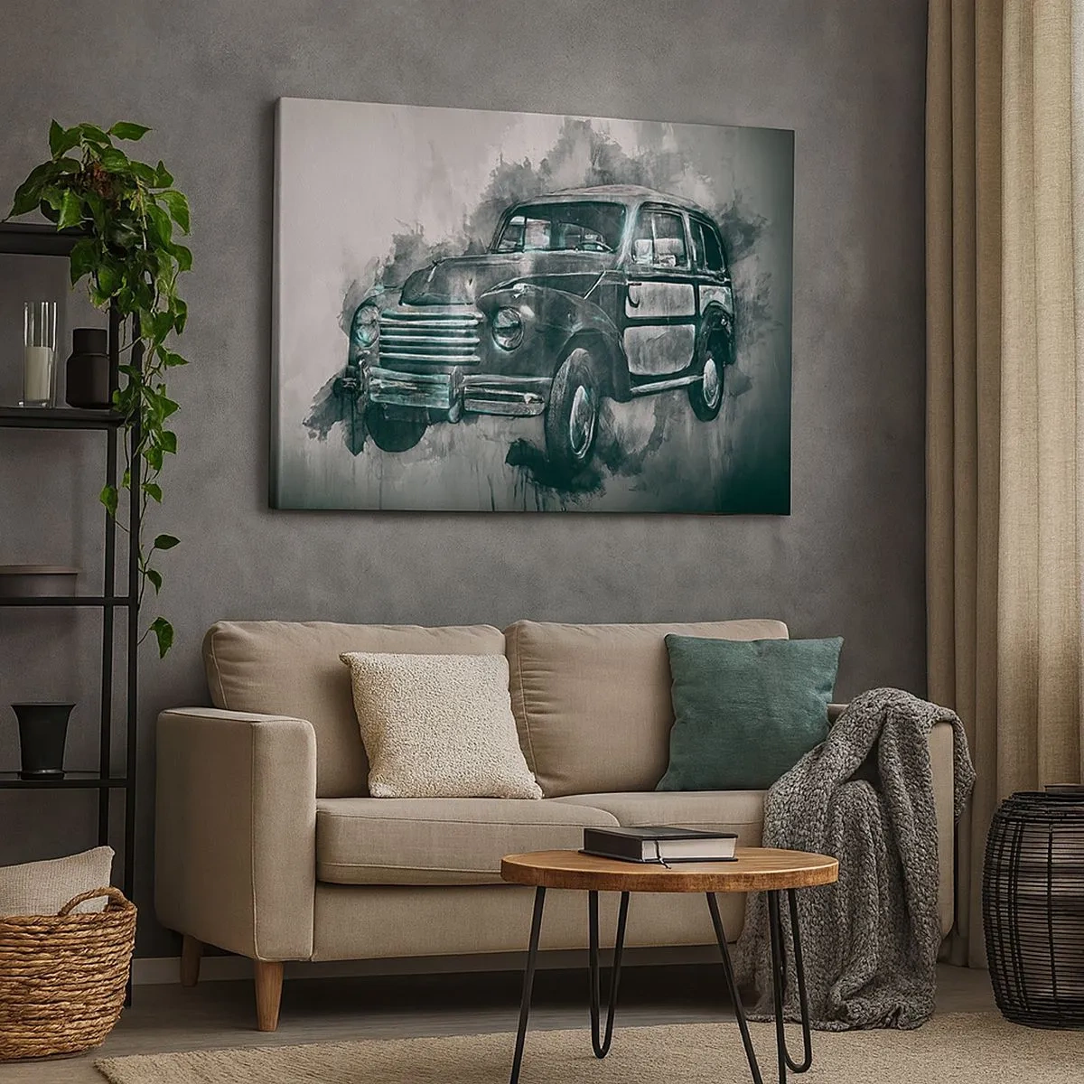 Obraz na plátně - Klasické retro auto s uměleckým pozadím - 70x50cm - Ctěný předek - Moderní nástěnná dekorace do obývacího pokoje a ložnice ARTTOR