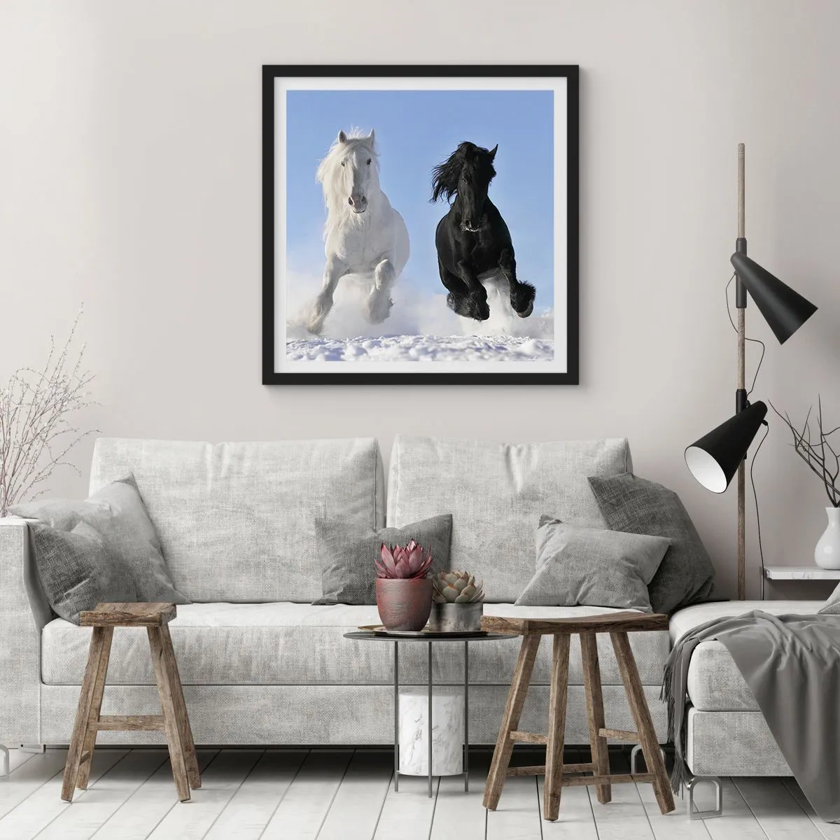 Plakát v černém rámu - Černo-bílý cval - 50x50 cm