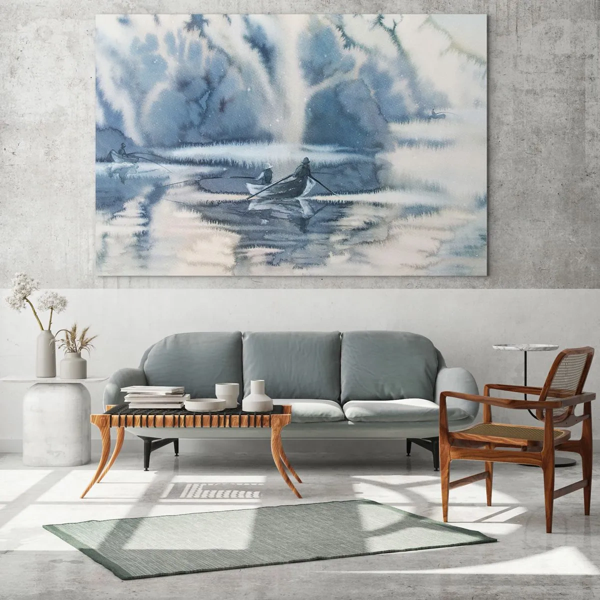 Obraz na skle - Dva rybáři na lodi obklopení mlhavou krajinou - 70x50cm - Rybáři ve svém ráji - Moderní nástěnná dekorace do obývacího pokoje a ložnice ARTTOR