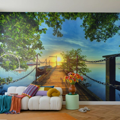 Fototapeta Premium Sand - Západ u vody - Krajina, jezero, Plachetnice - 100x70 cm