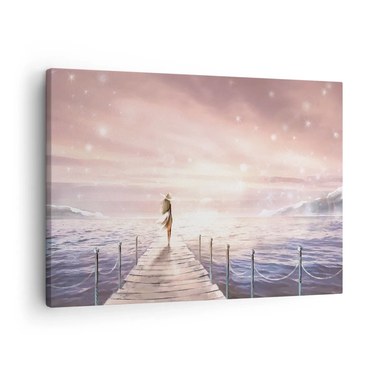 Obraz na plátně - Žena na molu v magickém prostředí západu slunce - 70x50cm - Ve světle snu - Moderní nástěnná dekorace do obývacího pokoje a ložnice ARTTOR
