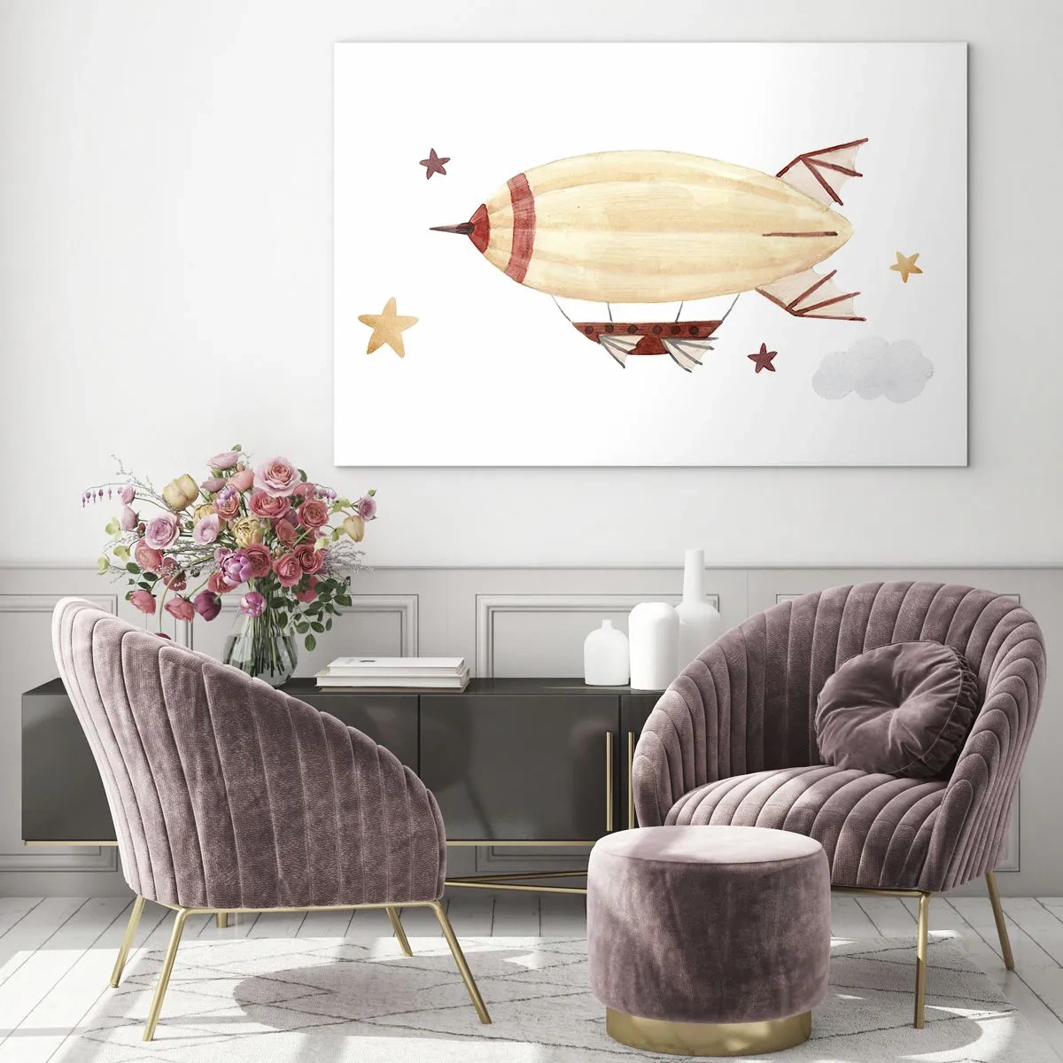 Obraz na skle - Kreslená vzducholoď mezi hvězdami na bílém pozadí - 70x50cm - Vzducholoď - Moderní nástěnná dekorace do obývacího pokoje a ložnice ARTTOR