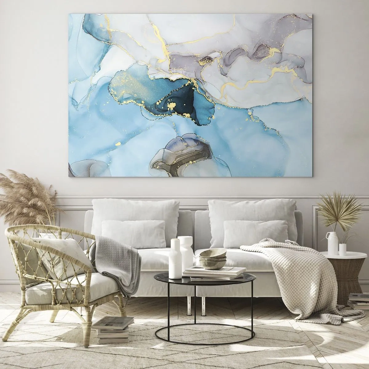 Obraz na skle - Tyrkysové a šedé vlny se zlatými akcenty - 70x50cm - Studie o setkání šedé a tyrkysové - Moderní nástěnná dekorace do obývacího pokoje a ložnice ARTTOR