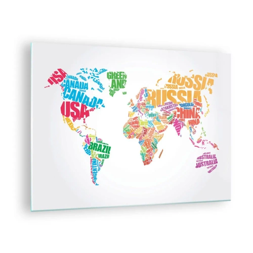 Obraz na skle - Mapa světa s barevnými názvy zemí - 70x50cm - Chci poznat všechny - Moderní nástěnná dekorace do obývacího pokoje a ložnice ARTTOR