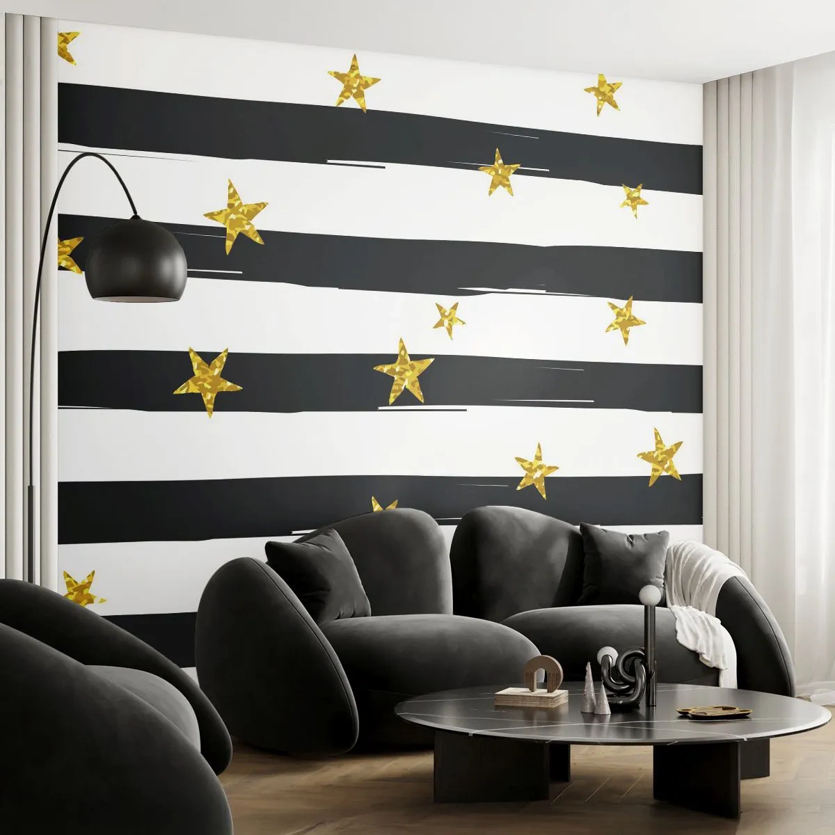 Fototapeta Samolepicí Deluxe Sticker - Všichni jsme se narodili pod šťastnou hvězdou - Grafika, Zlatá hvězda, Černé a bílé pruhy - 250x175 cm