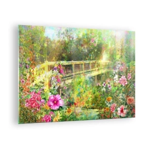 Obraz na skle - Most obklopený bujnou vegetací a barevnými květinami - 70x50cm - Můstek jarního vzdychání - Moderní nástěnná dekorace do obývacího pokoje a ložnice ARTTOR