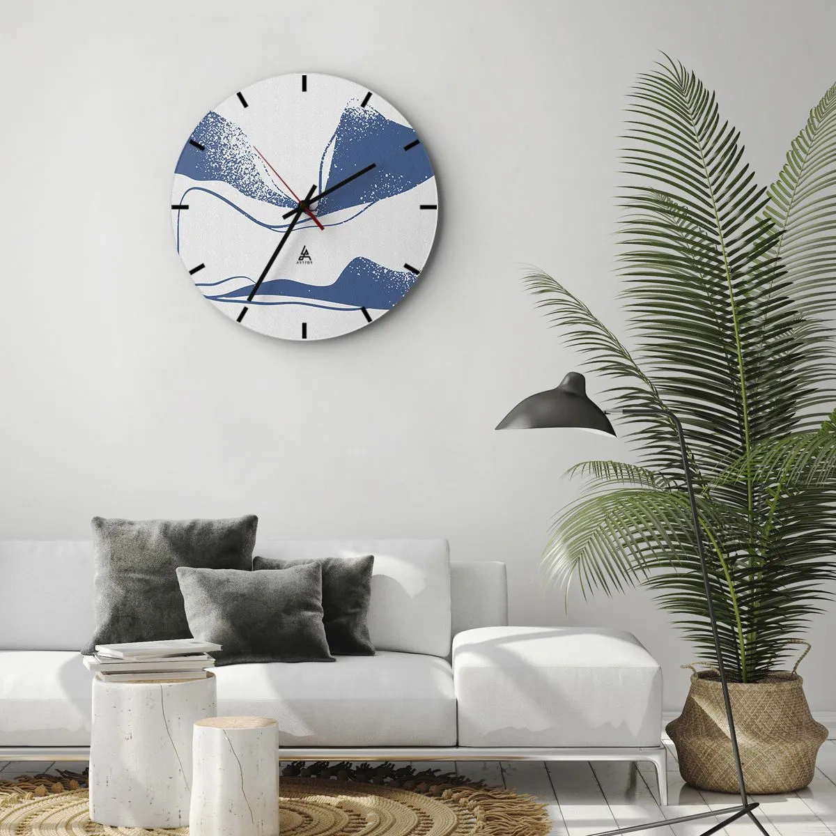 Nástěnné hodiny - Grafická abstrakce s modrými křídly na bílém pozadí - 30x30cm - Okřídlená abstrakce - Moderní nástěnná dekorace do obývacího pokoje, kuchyně a ložnice ARTTOR