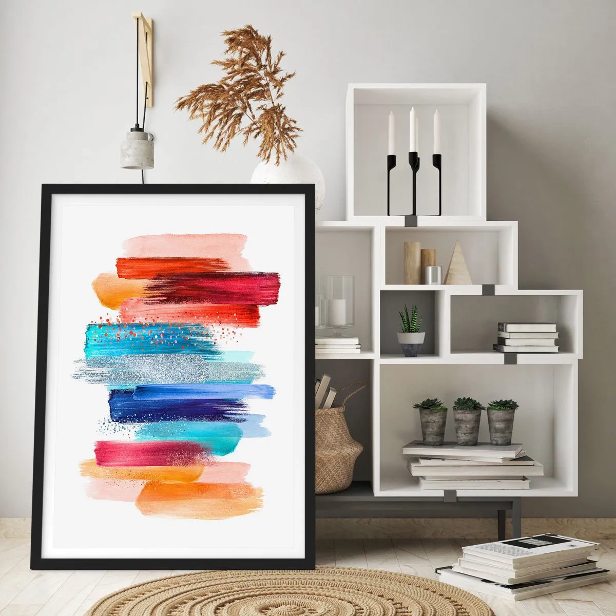 Plakát v černém rámu - Barevné abstraktní tahy štětcem na bílém pozadí - 50x70cm - Nahoru a dolů - Moderní nástěnná dekorace do obývacího pokoje a ložnice ARTTOR