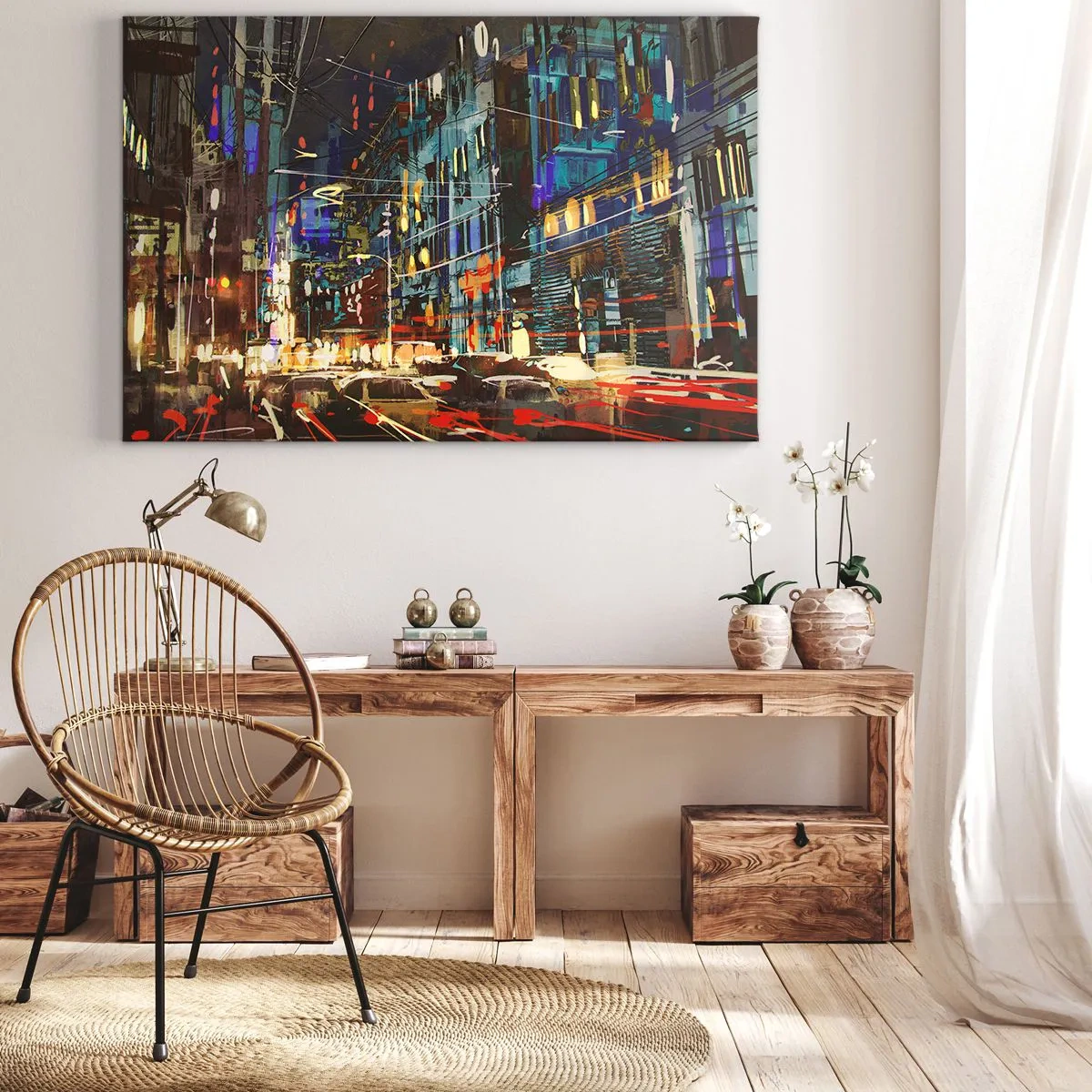 Obraz na plátně - Městská noční scéna s neonovými světly - 70x50cm - Večerní pouliční ruch - Moderní nástěnná dekorace do obývacího pokoje a ložnice ARTTOR