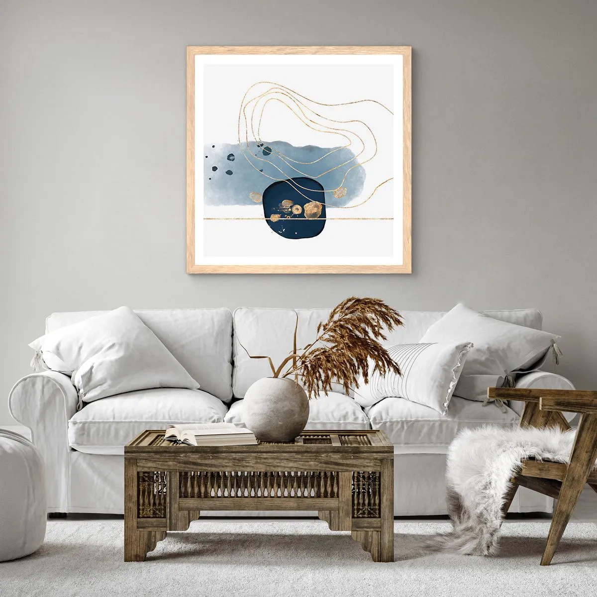 Plakát v rámu světlý dub - Modro-zlatá fantazie - 30x30 cm