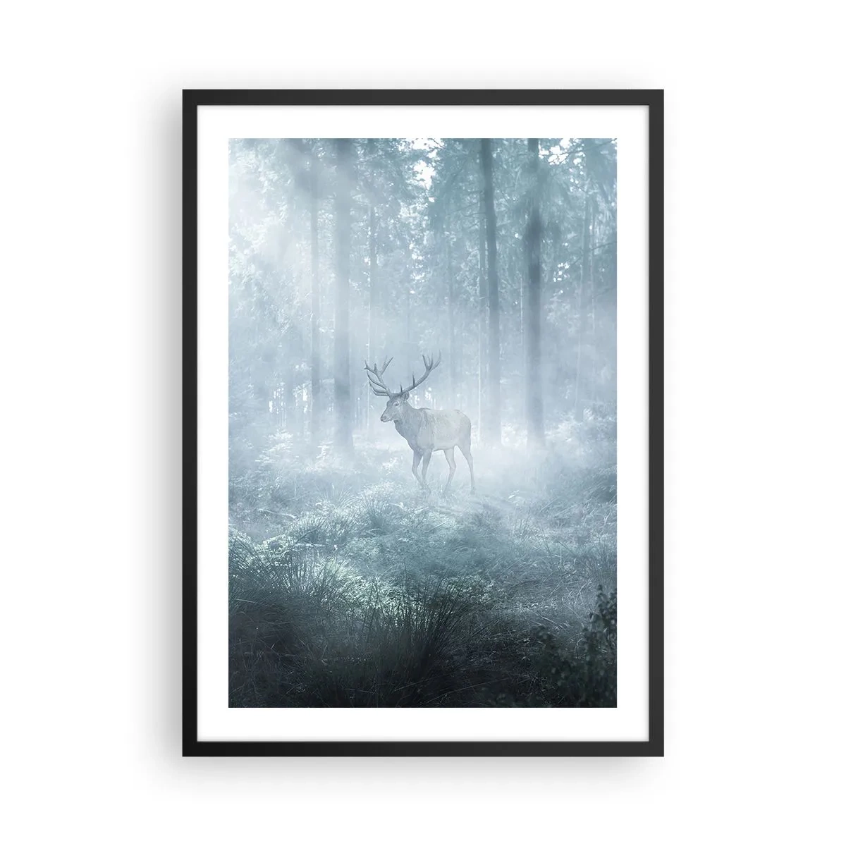 Plakát v černém rámu - Jelen v ranní mlze v lese - 50x70cm - Ranní obchůzka sídliště - Moderní nástěnná dekorace do obývacího pokoje a ložnice ARTTOR