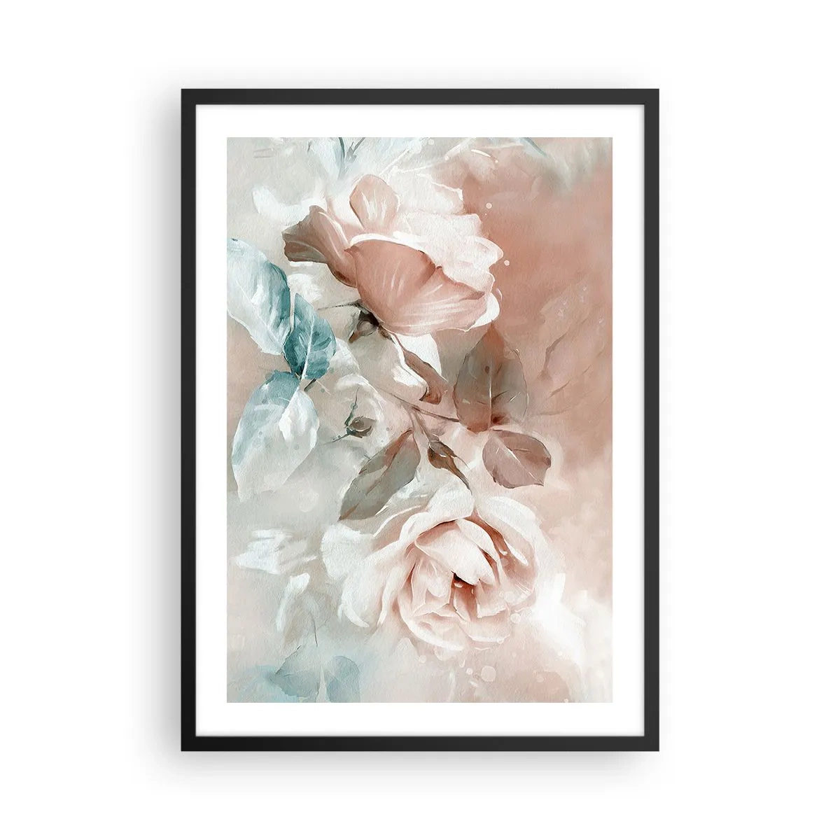 Plakát v černém rámu - Malířská kompozice růží v pastelových odstínech - 50x70cm - Duch romantismu - Moderní nástěnná dekorace do obývacího pokoje a ložnice ARTTOR